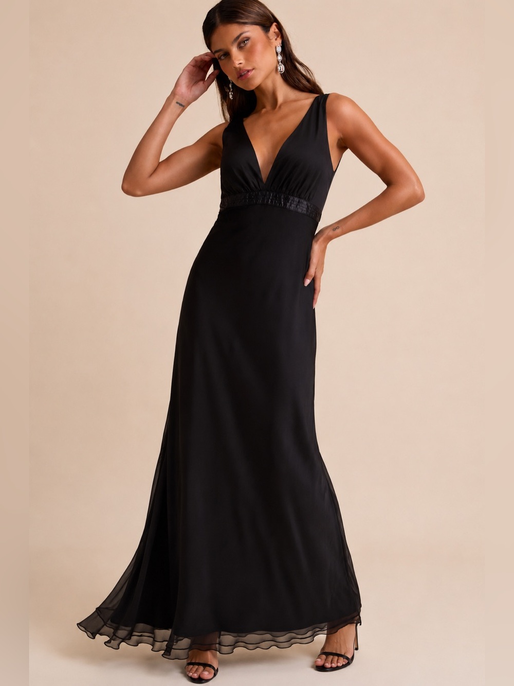 Y2K BCBGMAXAZRIA 100% Silk Black Maxi Dress Deep V Evening Gown